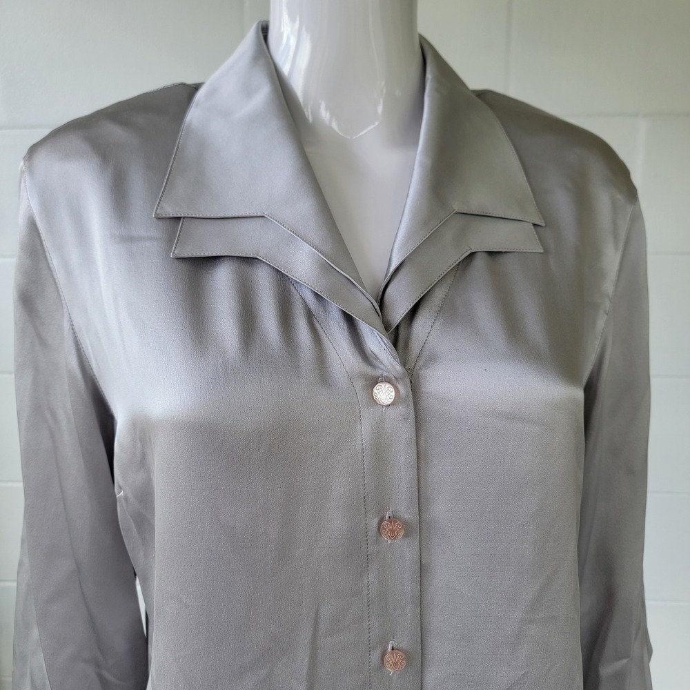 VTG 90s Starington Silk Blouse Silver Women 12 Quiet Luxury Corporate Officewear - Picture 2 of 11